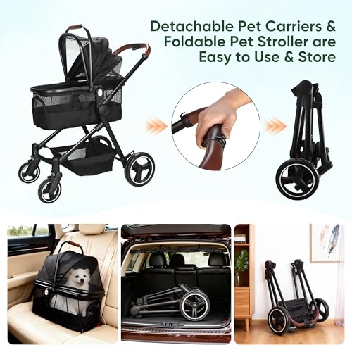 YIYUNBEBE Foldable Dog Stroller, 3 in 1 Pet Stroller for Small Medium Dog Cat up to 50lbs, Detachble Portable Pet Bag, Storage Basket and One-Button Folding Frame - Image 5