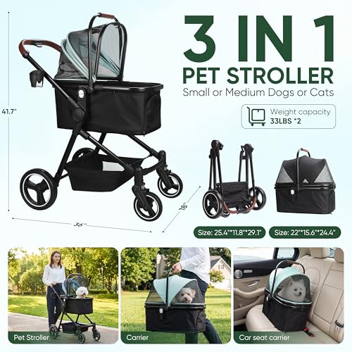 YIYUNBEBE Foldable Dog Stroller, 3 in 1 Pet Stroller for Small Medium Dog Cat up to 50lbs, Detachble Portable Pet Bag, Storage Basket and One-Button Folding Frame - Image 3