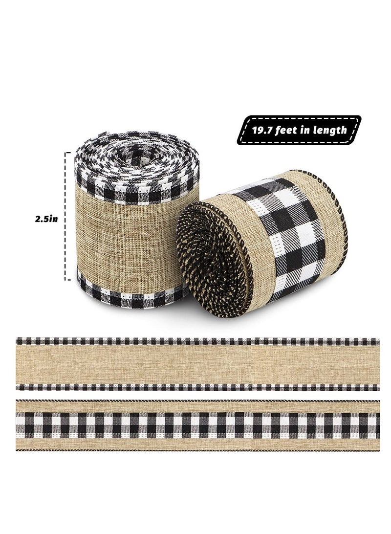Zikra 2 Rolls Buffalo Plaid Wired Edge Ribbons, Burlap Fabric Craft Ribbon for Wreath Floral Bows Craft Decor - Image 3