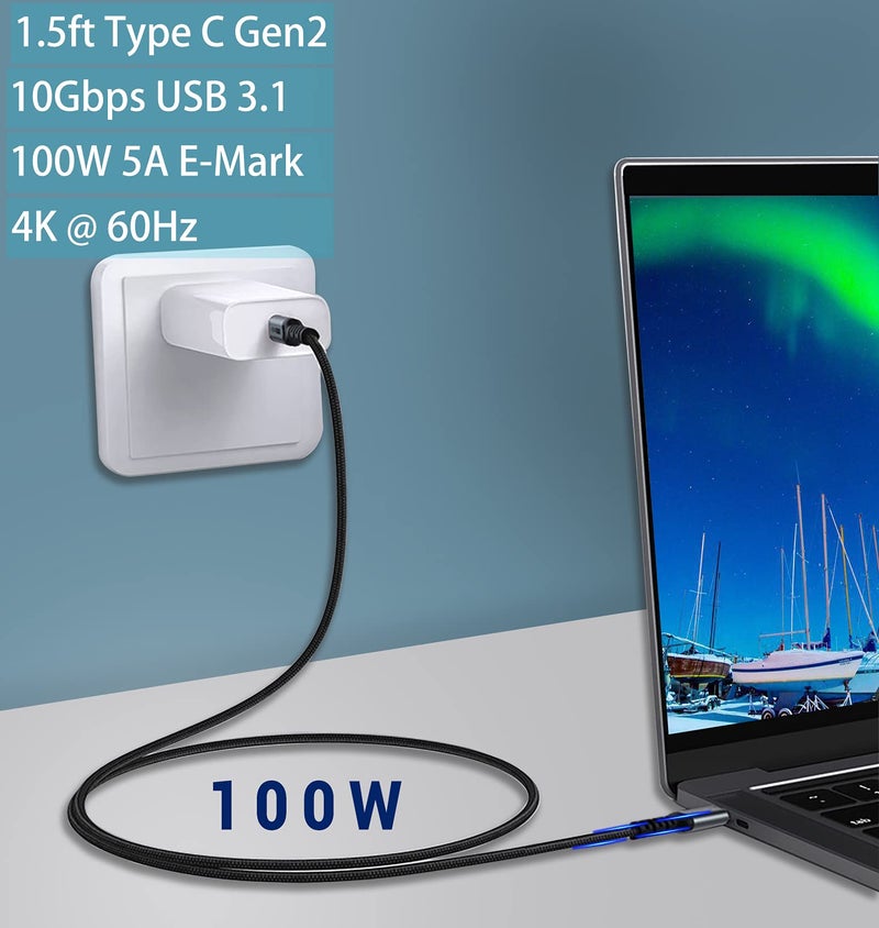 SUMPK Short USB C to USB C Cable (1.5ft 2 Packs), 3.1 Gen 2 10Gbps 100W 4K USBC Video High Speed Data Transfer Fast Charging Cord Compatibile with Samsung Galaxy T5 LaCie SSD, MacBook, Display Monitor - Image 2