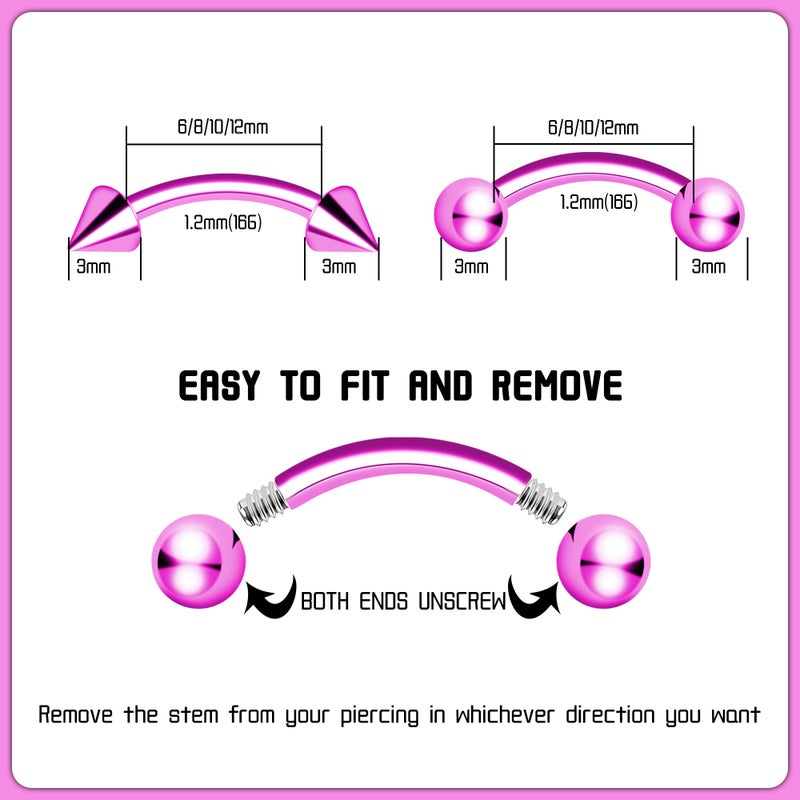 BLISI Eyebrow Piercing Jewelry Titanium Vertical Labret Lip Jewelry Pink Eyebrow Rings 16G Curved Barbell Piercing Jewelry 6mm/8mm/10mm/12mm Ear Rook Small Belly Button Ring Bridge Eyebrow Piercing - Image 3
