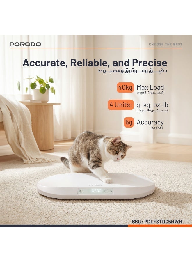 porodo Electric Digital Baby Scale for weighing up to 40kg, Large LED Screen, Includes Measuring Tape, Accurate Digital Scale for Infant Babies, Newborn Puppy, and Cat - Image 3