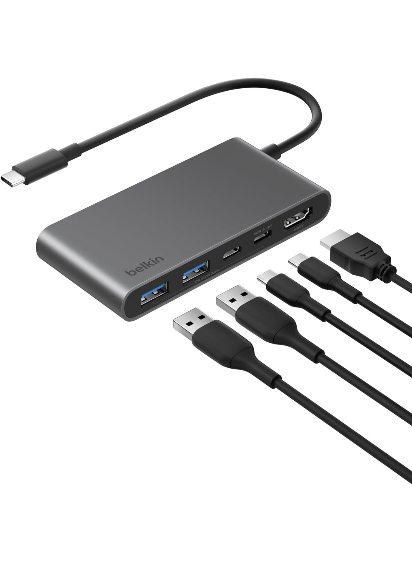 Belkin USB C Hub, 5-Port Hub w/ 4K HDMI Display @ 60Hz, 100W Power Delivery, Fast Data Transfer 5Gbps, USB C Multiport Adapter for MacBook, iPad Pro, Chromebook, & More - Upgraded HDMI 2.0 - Grey grey