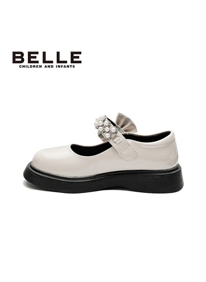 Belle Children's Shoes, Girls' Leather Shoes, Spring And Autumn Performance Shoes, Student Shoes, Fashionable Flats, Children's Princess Shoes, Beige, Size 33 - Image 3