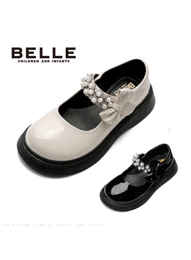 Belle Children's Shoes, Girls' Leather Shoes, Spring And Autumn Performance Shoes, Student Shoes, Fashionable Flats, Children's Princess Shoes, Beige, Size 33 - Image 1