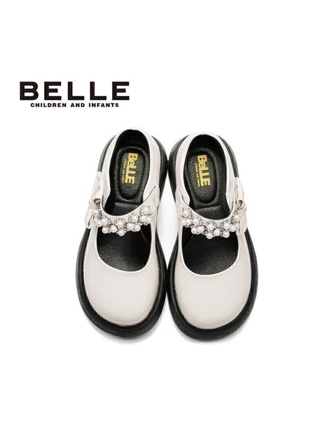 Belle Children's Shoes, Girls' Leather Shoes, Spring And Autumn Performance Shoes, Student Shoes, Fashionable Flats, Children's Princess Shoes, Beige, Size 33 - Image 5