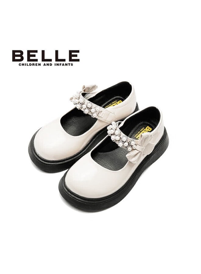 Belle Children's Shoes, Girls' Leather Shoes, Spring And Autumn Performance Shoes, Student Shoes, Fashionable Flats, Children's Princess Shoes, Beige, Size 33 - Image 4