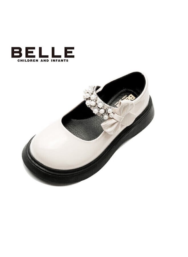 Belle Children's Shoes, Girls' Leather Shoes, Spring And Autumn Performance Shoes, Student Shoes, Fashionable Flats, Children's Princess Shoes, Beige, Size 33 - Image 2