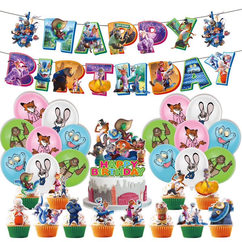 HighMount 44Pcs Zootopia 2 Birthday Party Decorations Set - Jud Hopps Nic Wilde Anime Cute Cartoon Animal City Include Balloons, Banner, Cake Topper & Cupcake Toppers for Fans Lover Girls Boy - Image 1