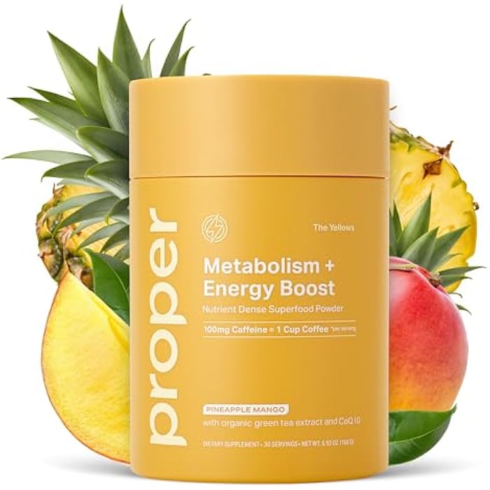 Proper, The Yellows Metabolism and Energy Boost, Sugar Free Energy Drink Powder with 100mg Caffeine. 30 Servings, Pineapple Mango Drink Mix for Men and Women - Image 1