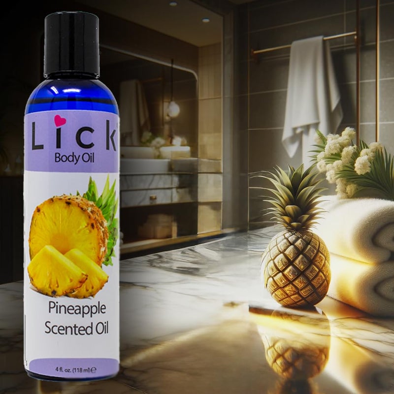 LICK زيت الجسم المعطر بالأناناس من LICK - زيت مرطب فاخر لبشرة متألقة، غني بزيوت الخروع، اللوز، الجوجوبا، وفيتامين E. مثالي للتدليك، والعناية اليومية 4 أونصة سائلة. - Image 2