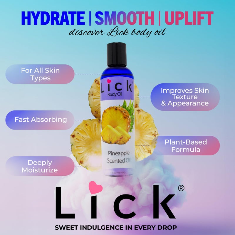 LICK زيت الجسم المعطر بالأناناس من LICK - زيت مرطب فاخر لبشرة متألقة، غني بزيوت الخروع، اللوز، الجوجوبا، وفيتامين E. مثالي للتدليك، والعناية اليومية 4 أونصة سائلة. - Image 4