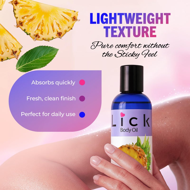 LICK زيت الجسم المعطر بالأناناس من LICK - زيت مرطب فاخر لبشرة متألقة، غني بزيوت الخروع، اللوز، الجوجوبا، وفيتامين E. مثالي للتدليك، والعناية اليومية 4 أونصة سائلة. - Image 5