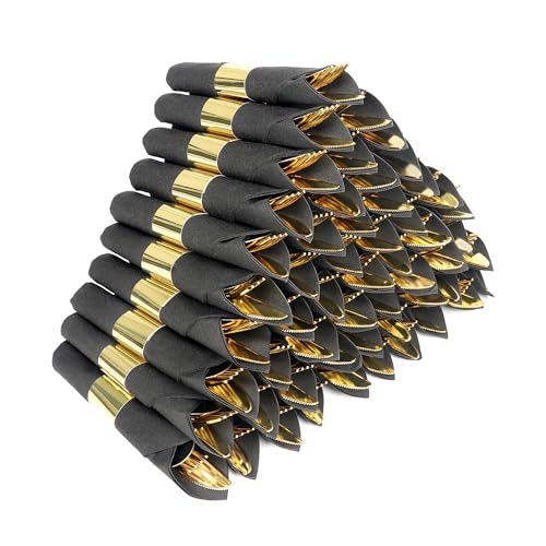 Dlebay 100 Pack Pre Rolled Gold Plastic Silverware Set,Wrapped Plastic Cutlery Set with Napkin Include 100 Forks,100 Spoons,100 Knives and 100 Black Napkins for Party, Wedding,Christmas - Image 1