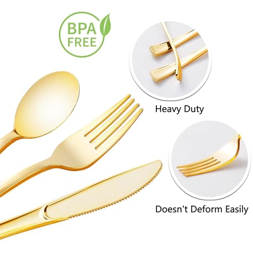 Dlebay 100 Pack Pre Rolled Gold Plastic Silverware Set,Wrapped Plastic Cutlery Set with Napkin Include 100 Forks,100 Spoons,100 Knives and 100 Black Napkins for Party, Wedding,Christmas - Image 3