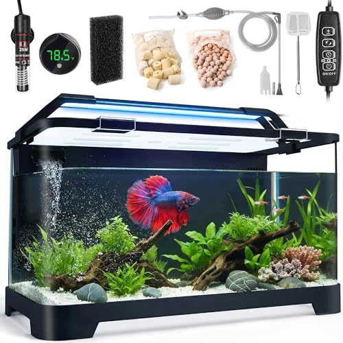eWonLife 3.5 Gallon Betta Fish Tank, All in One Aquarium Starter Kits with Back Filter, Adjustable Pump, 25W Heater, LED Thermometer, LED Light with Timer & Water Changer Kit, Gifts for Mom Wife - Image 1