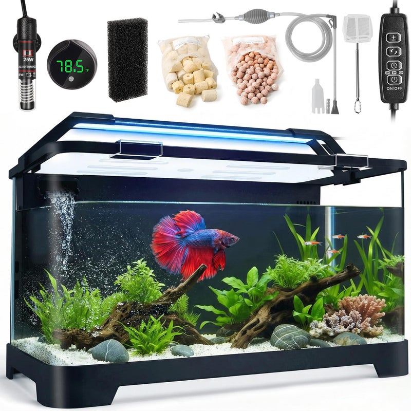 eWonLife 3.5 Gallon Betta Fish Tank, All in One Aquarium Starter Kits with Back Filter, Adjustable Pump, 25W Heater, LED Thermometer, LED Light with Timer & Water Changer Kit, Gifts for Mom Wife - Image 3
