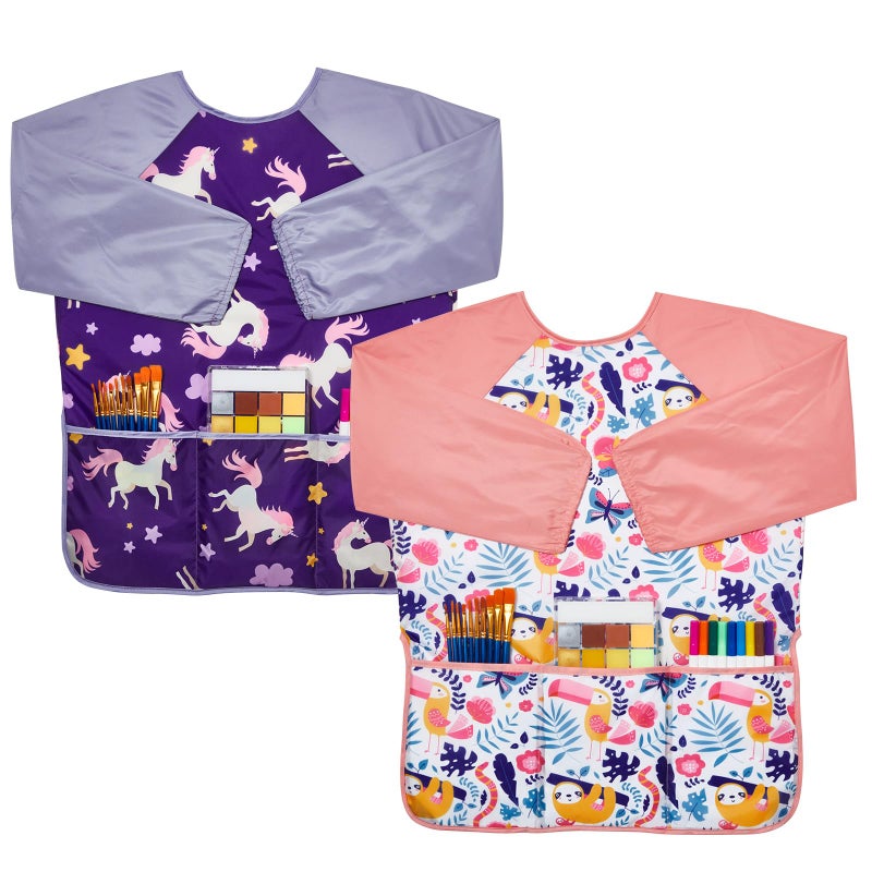 Lictin 2 Pack Kids Art Smocks, Toddler Smock, Waterproof Artist Painting Aprons for Children, with Long Sleeve and 3 Pockets for Age 3-8 Years Pink - Image 1