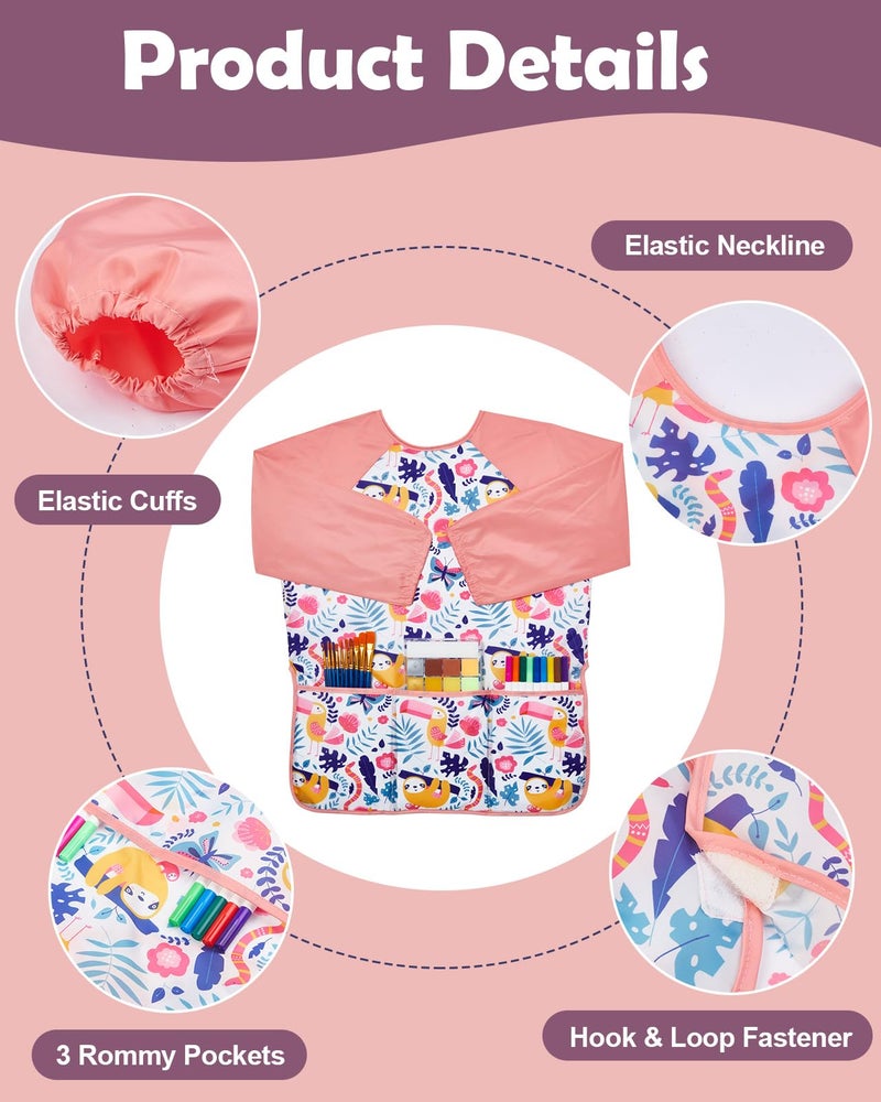 Lictin 2 Pack Kids Art Smocks, Toddler Smock, Waterproof Artist Painting Aprons for Children, with Long Sleeve and 3 Pockets for Age 3-8 Years Pink - Image 2
