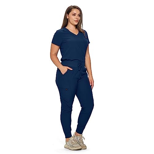 Monarch Uniforms Slim Fit Stretchy Scrubs Women's Jogger Scrub Set Slim Jogger Scrubs with Tuck-In Top for Women (NAVY BLUE-M) - Image 2