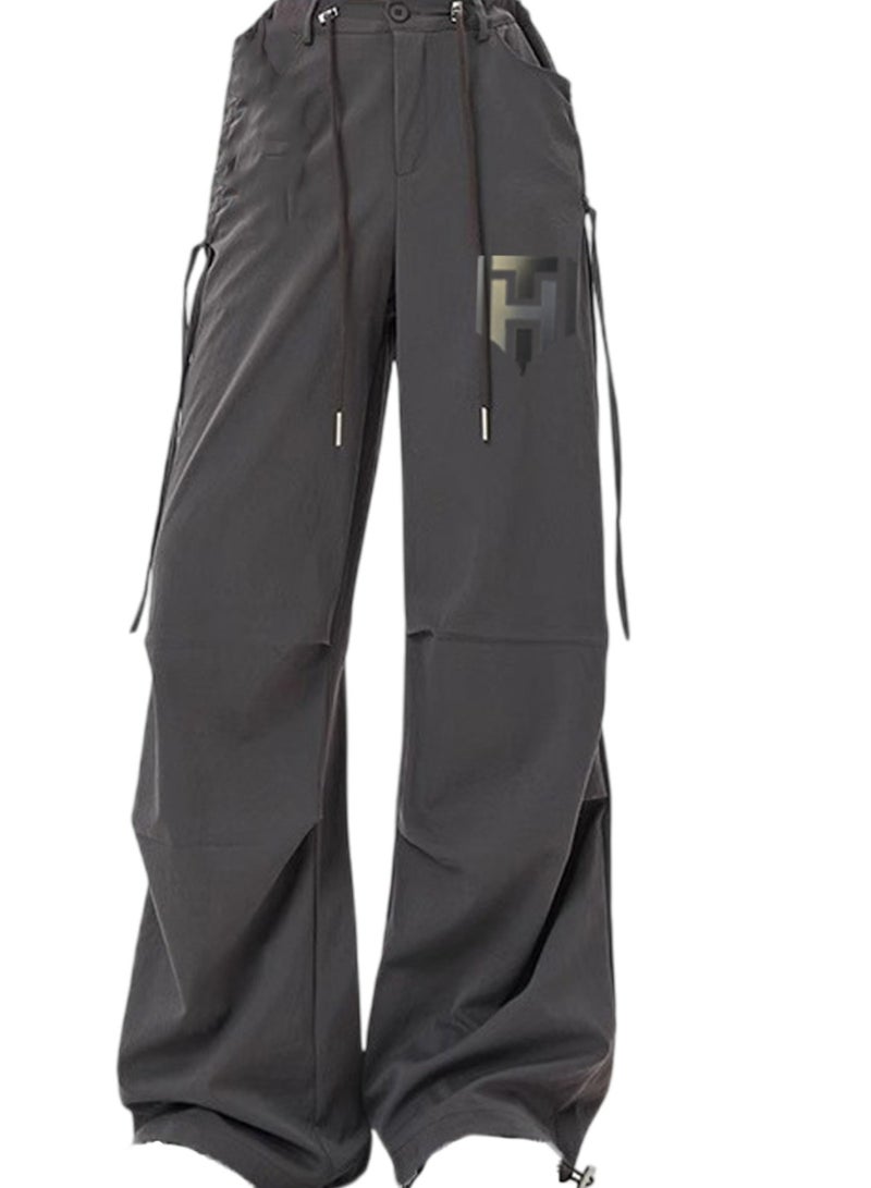 Huitich Women's Ice Silk Wide-Leg Pants High Waist, Loose Fit, Dark Grey Size L - Image 1