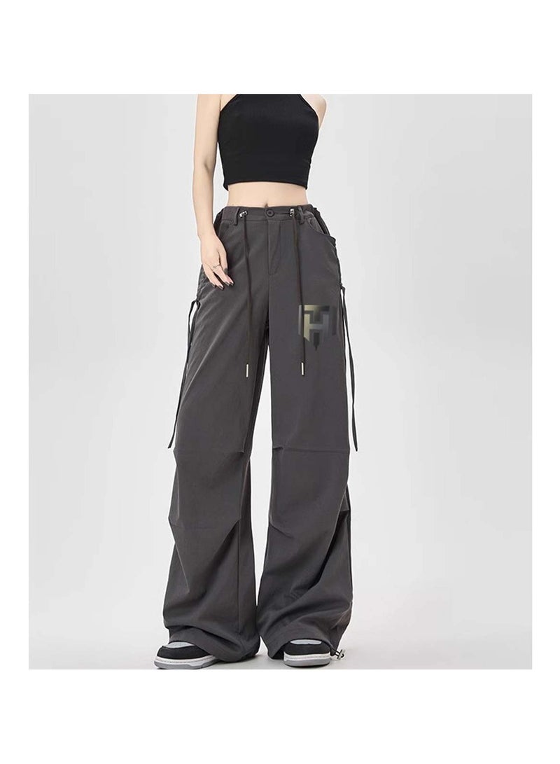 Huitich Women's Ice Silk Wide-Leg Pants High Waist, Loose Fit, Dark Grey Size L - Image 2