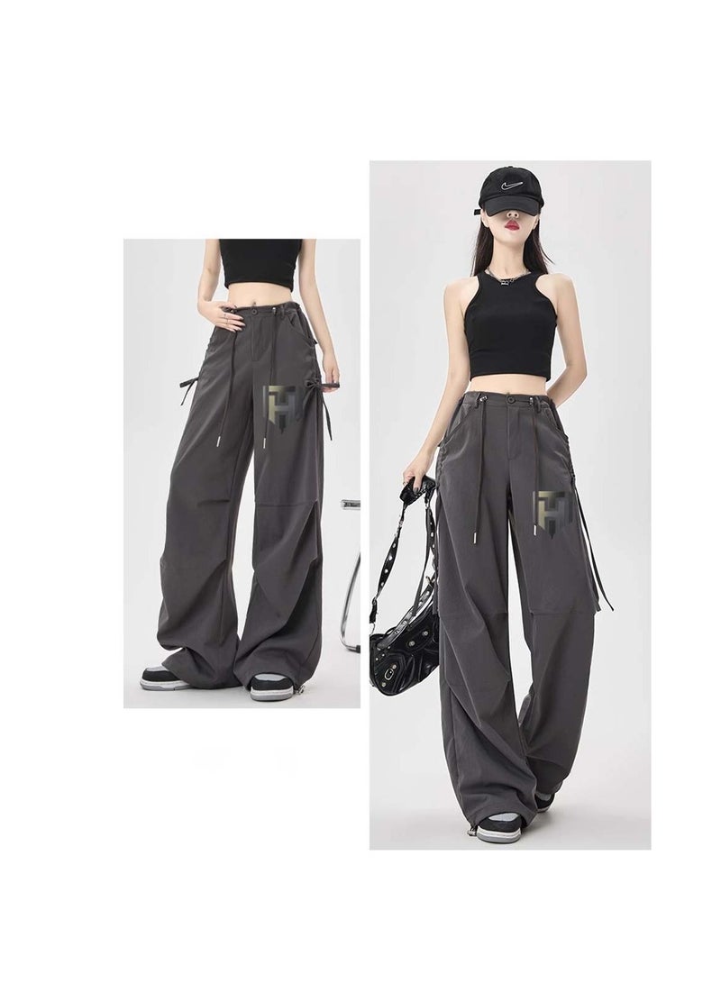 Huitich Women's Ice Silk Wide-Leg Pants High Waist, Loose Fit, Dark Grey Size L - Image 4