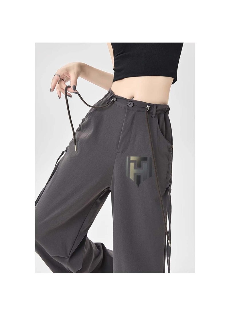 Huitich Women's Ice Silk Wide-Leg Pants High Waist, Loose Fit, Dark Grey Size L - Image 3