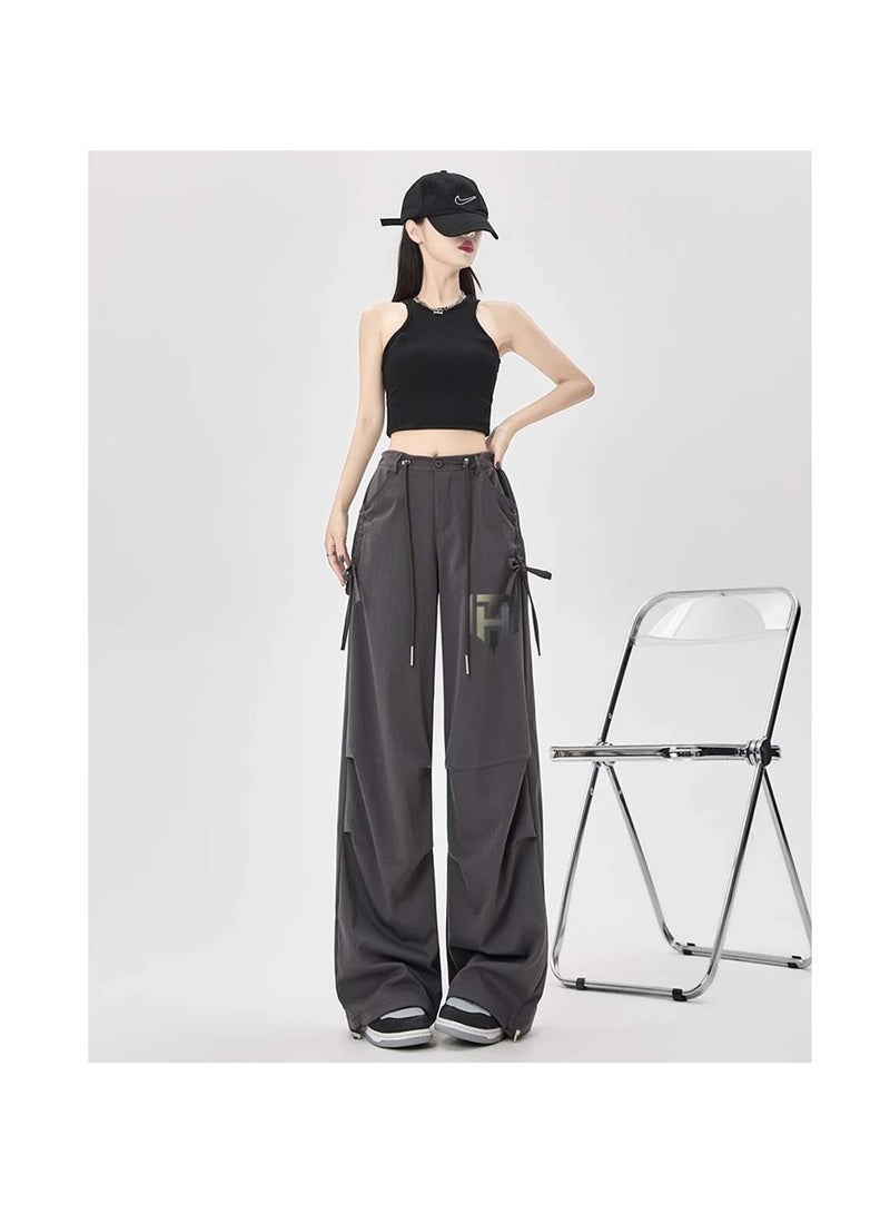 Huitich Women's Ice Silk Wide-Leg Pants High Waist, Loose Fit, Dark Grey Size L - Image 5