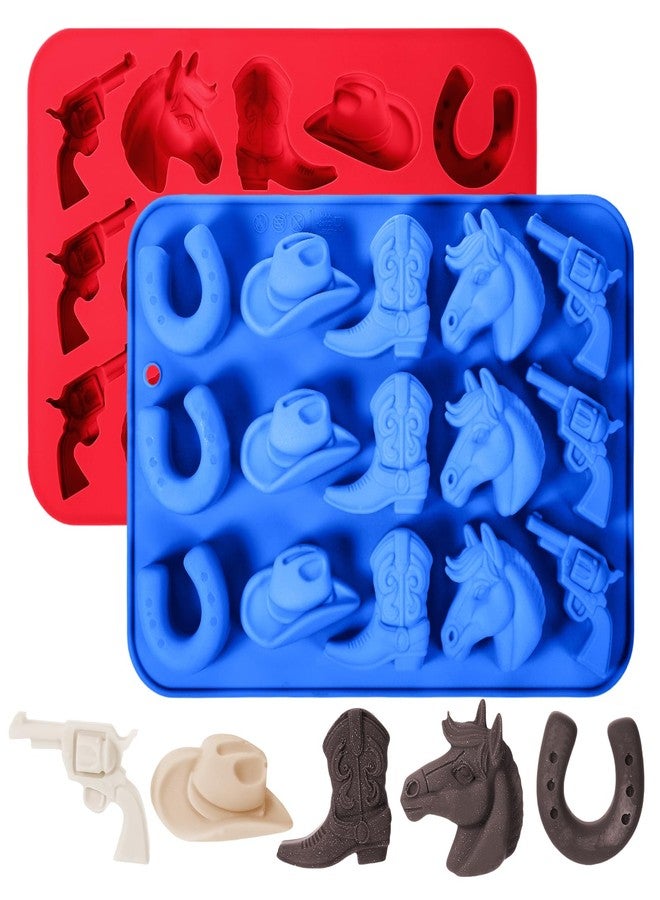 Qiuruoo 2 PCS Cowboy Chocolate Molds, Cowboy Hat, Boots, Saddle Shaped Cakesicle Molds Silicone, Western Party Theme, For Cupcakes, Cake Pops, Jellies, Chocolates, Candies(Blue,Red) - Image 1