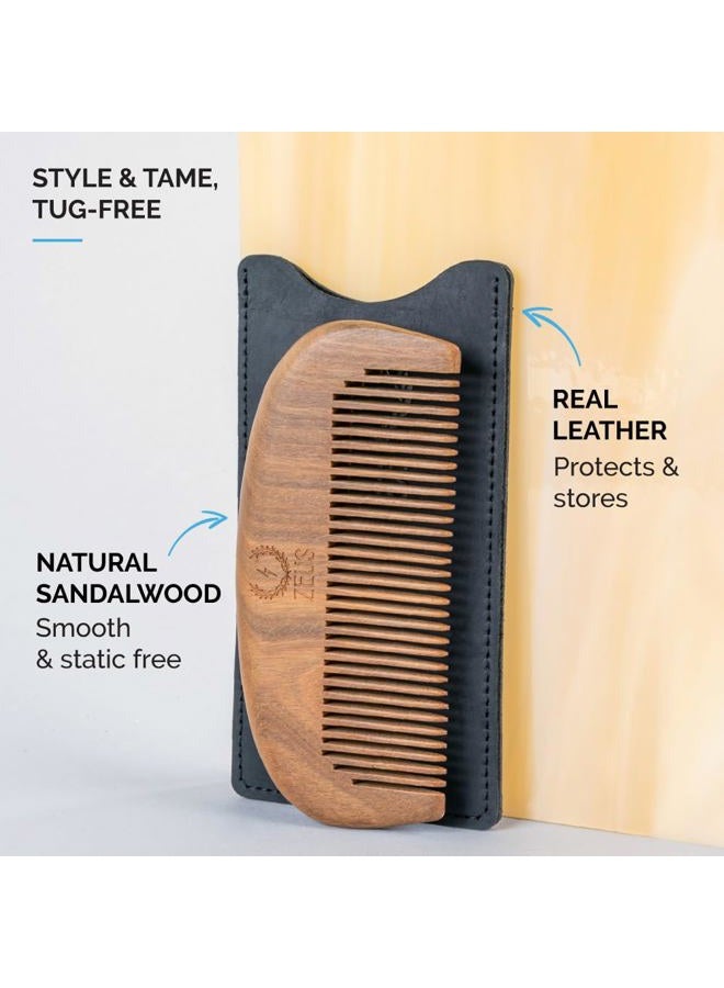 Zeus مشط لحية من خشب الصندل، مشط لحية خشبي طبيعي مع غلاف جلدي للرجال، مشط لحية مناسب للسفر (S31) - Image 2