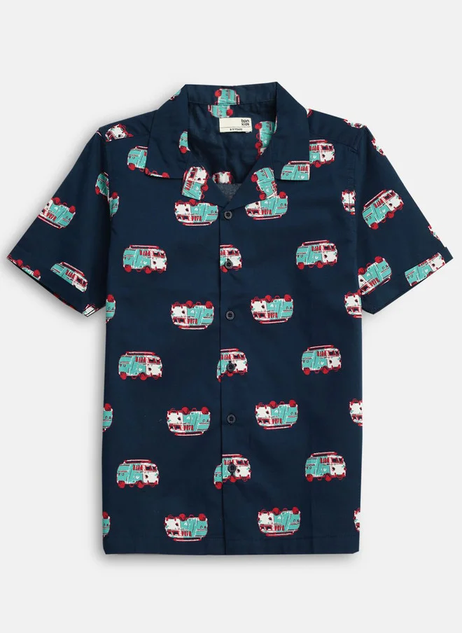 بونكيدز BONKIDS Boys Navy Blue Printed Casual Shirt