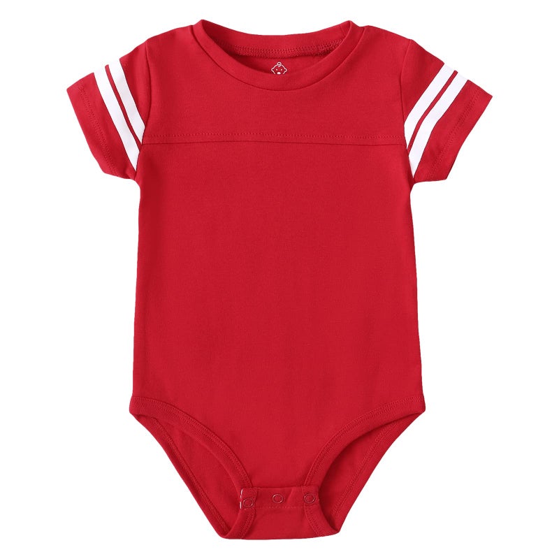 ROMPERINBOX Baby Football Jersey Onsies Raglan Bodysuit Customized Newborn Unisex Solid Sport Teams Romper with Contrasting Sleeve Stripes(Red,3-6 Months) - Image 1