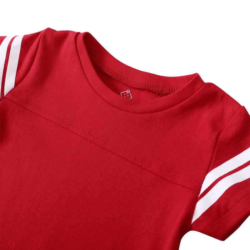ROMPERINBOX Baby Football Jersey Onsies Raglan Bodysuit Customized Newborn Unisex Solid Sport Teams Romper with Contrasting Sleeve Stripes(Red,3-6 Months) - Image 2