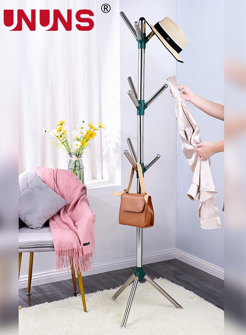 UNUNS Coat Rack,Stainless Steel Coat Rack Stand With 3 Height Options And 10 Hooks,Sturdy Freestanding Coat Rack For Clothes And Hats,Silver - Image 1