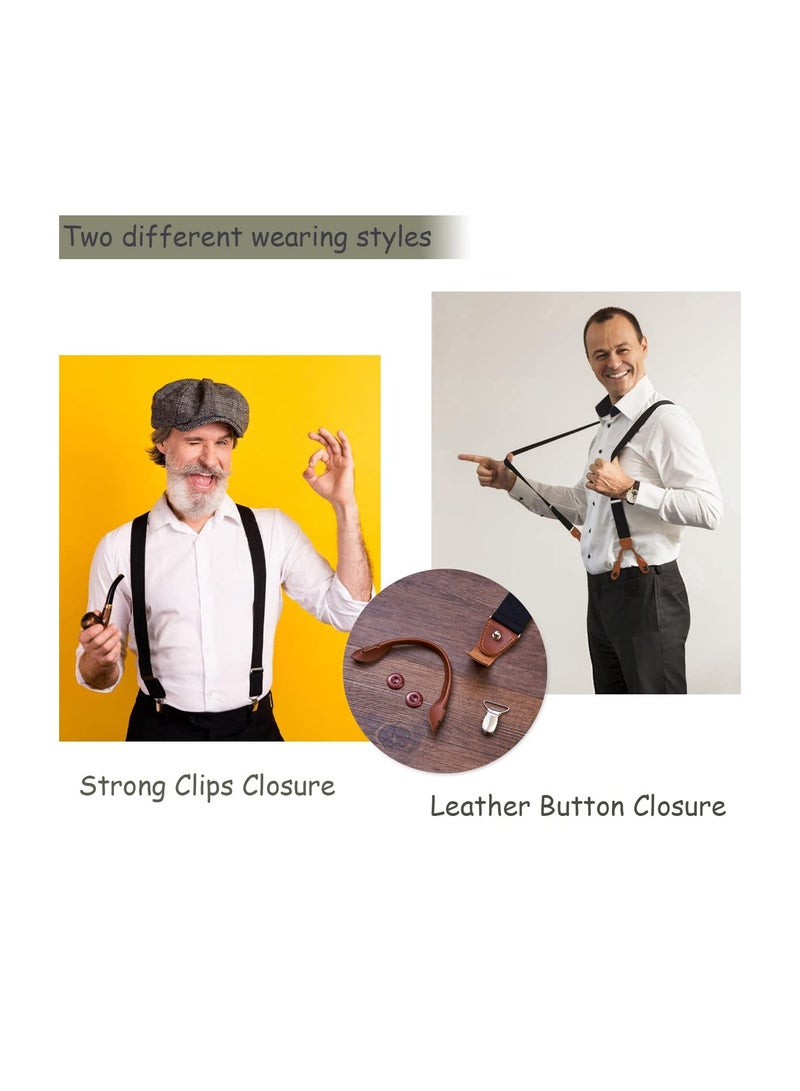 SOLARAE Mens Suspenders, Brown Leather Button Tab and Clip Braces, Heavy Duty Suspender Wedding Suspenders for Groom Groomsmen, for Tuxedo, Formal Shirts, Shorts, Jeans, Perfect for Wedding, School, Band - Image 2