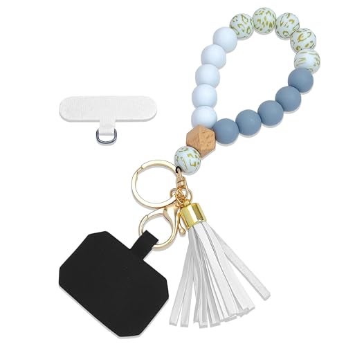 Nalefow Phone Lanyard Silicone Beaded Phone Wrist Strap Cute Elastic Cell Phone Wristlet Chain Bracelet with 2 Tether Tab for Phone (White) - Image 1