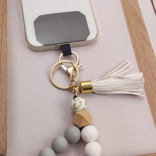 Nalefow Phone Lanyard Silicone Beaded Phone Wrist Strap Cute Elastic Cell Phone Wristlet Chain Bracelet with 2 Tether Tab for Phone (White) - Image 4