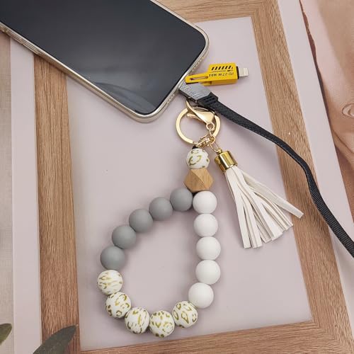 Nalefow Phone Lanyard Silicone Beaded Phone Wrist Strap Cute Elastic Cell Phone Wristlet Chain Bracelet with 2 Tether Tab for Phone (White) - Image 3