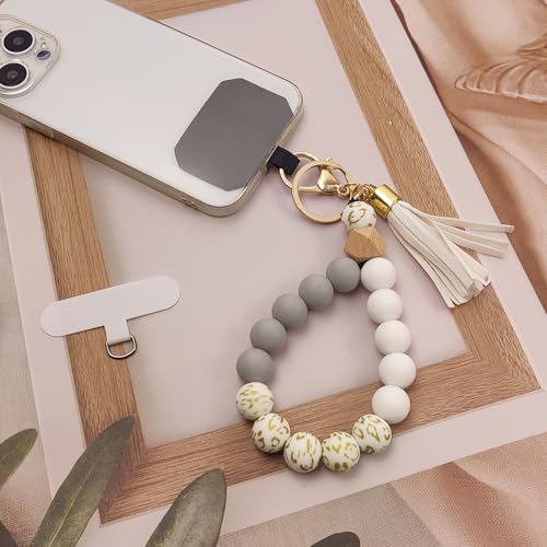 Nalefow Phone Lanyard Silicone Beaded Phone Wrist Strap Cute Elastic Cell Phone Wristlet Chain Bracelet with 2 Tether Tab for Phone (White) - Image 2
