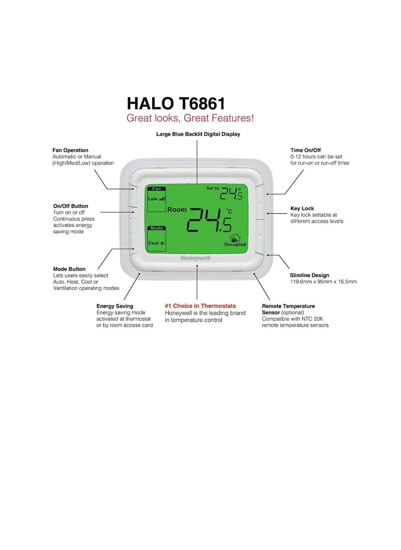 T6861H2WG fancoil On/Off thermostat, with remote sensor and remote setback inputs