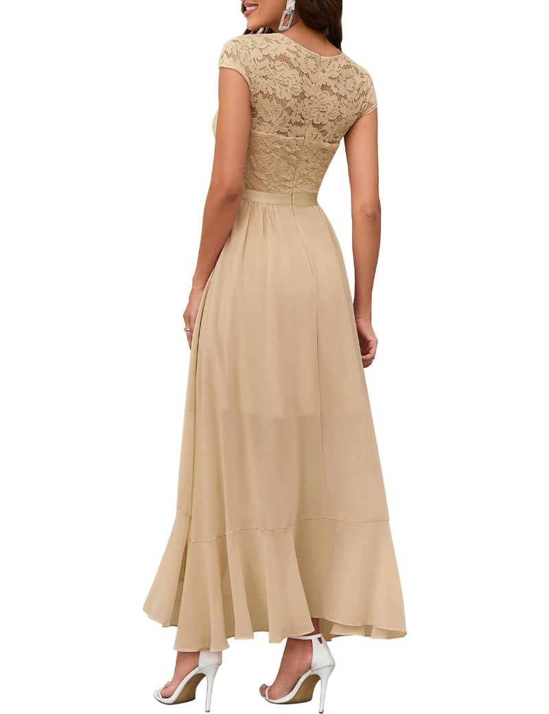 Bbonlinedress Women's Hi-Lo Mother of The Bride Dress Floral Lace Formal Wedding Guest Bridesmaid Cocktail Prom Party Ruffled Dress Champagne M - Image 2