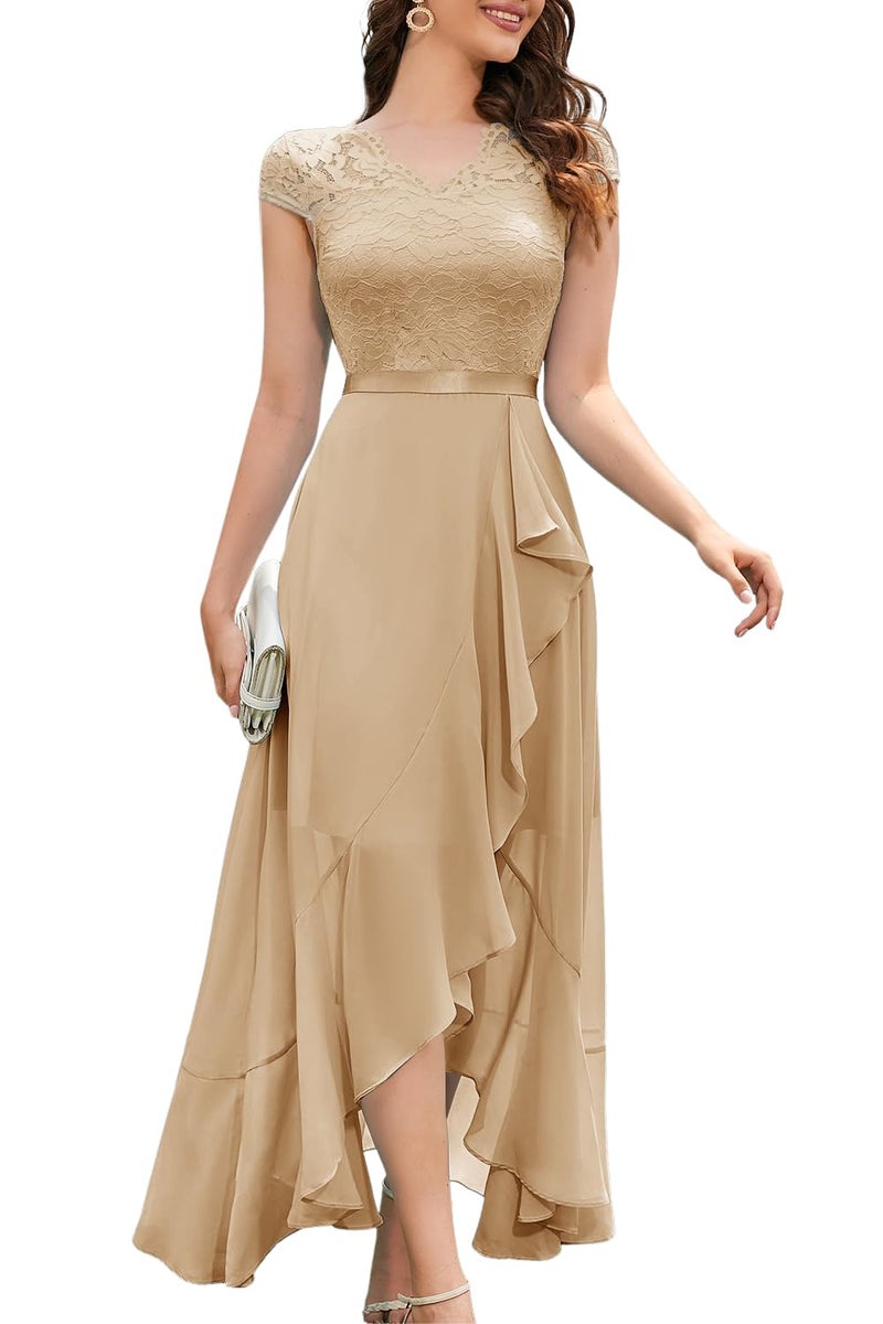Bbonlinedress Women's Hi-Lo Mother of The Bride Dress Floral Lace Formal Wedding Guest Bridesmaid Cocktail Prom Party Ruffled Dress Champagne M - Image 1