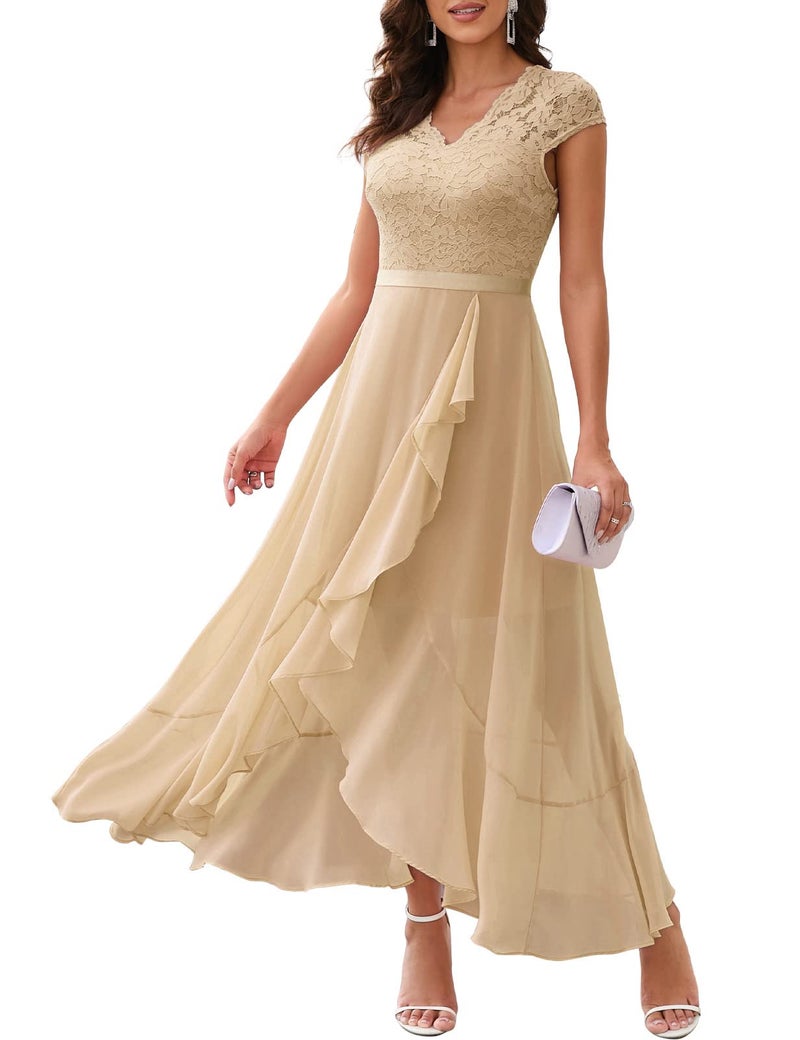 Bbonlinedress Women's Hi-Lo Mother of The Bride Dress Floral Lace Formal Wedding Guest Bridesmaid Cocktail Prom Party Ruffled Dress Champagne M - Image 4