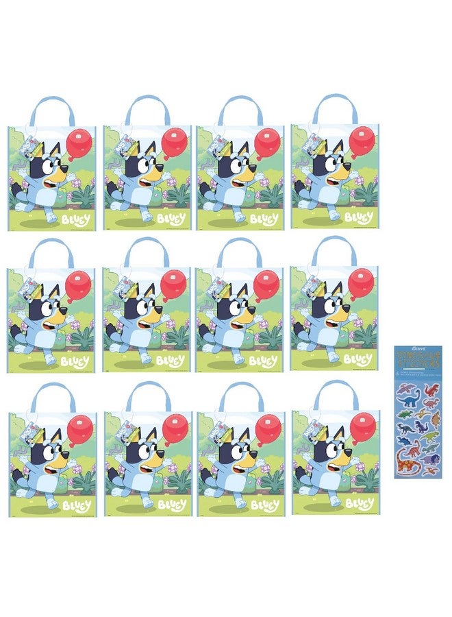 Unique Unique Bluey Birthday Party Supplies Bundle includes 12 Large Plastic Party Tote Bags and 1 Dinosaur Sticker Sheet  - Image 1