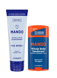 Mando Mando Whole Body Deodorant - Invisible Cream and Solid Formulas - 72 Hour Odor Control - Aluminum & Baking Soda Free - Skin Safe - 3 oz Cream & 2.6 oz Solid Bundle - Pro Sport  - Image 1