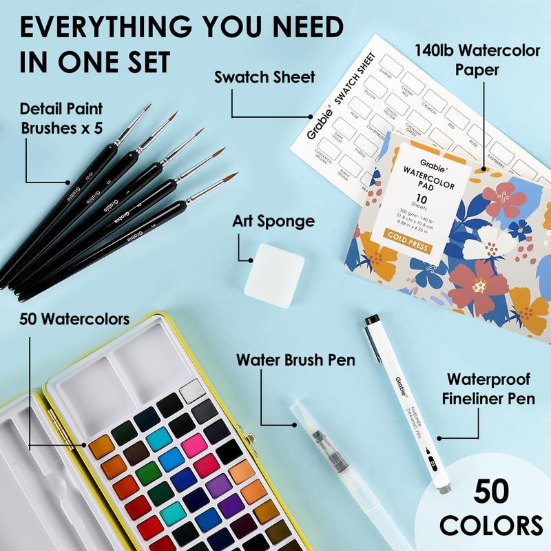 Grabie 50 Colors Premium All-In-One Water Color Paint Set - Detail Paint Brush Included, Watercolor Paints, Painting Sets, Art Supplies, Portable & Travel Watercolor Set, Amateur Hobbyists - Image 2