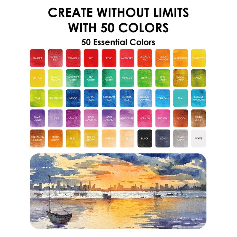 Grabie 50 Colors Premium All-In-One Water Color Paint Set - Detail Paint Brush Included, Watercolor Paints, Painting Sets, Art Supplies, Portable & Travel Watercolor Set, Amateur Hobbyists - Image 4