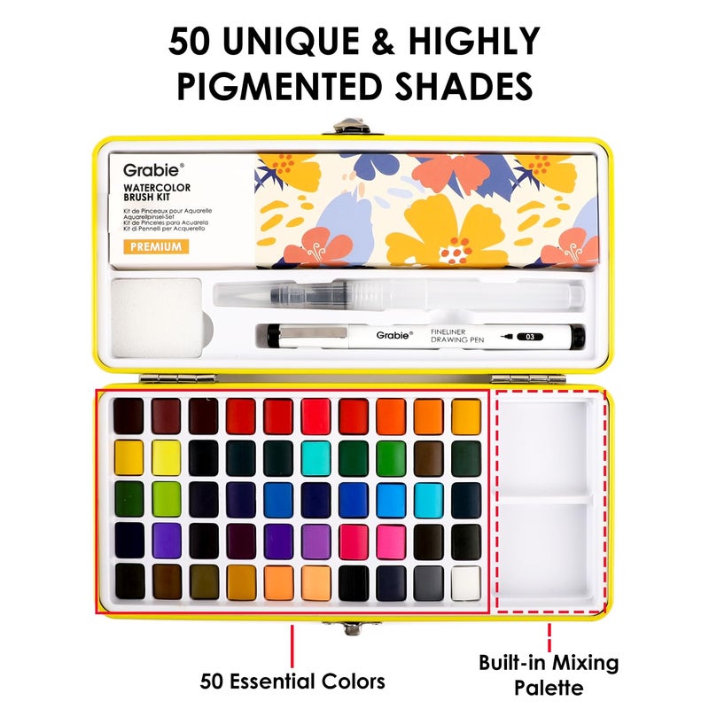 Grabie 50 Colors Premium All-In-One Water Color Paint Set - Detail Paint Brush Included, Watercolor Paints, Painting Sets, Art Supplies, Portable & Travel Watercolor Set, Amateur Hobbyists - Image 3