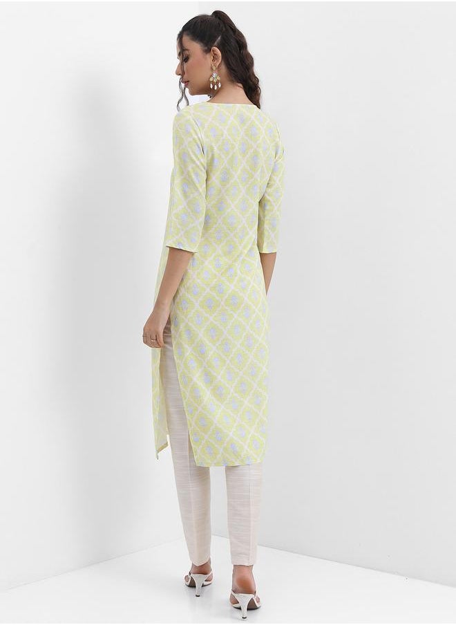 Vishudh Ethnic Motifs Printed Notched Neck Kurta by Styli  - Image 3